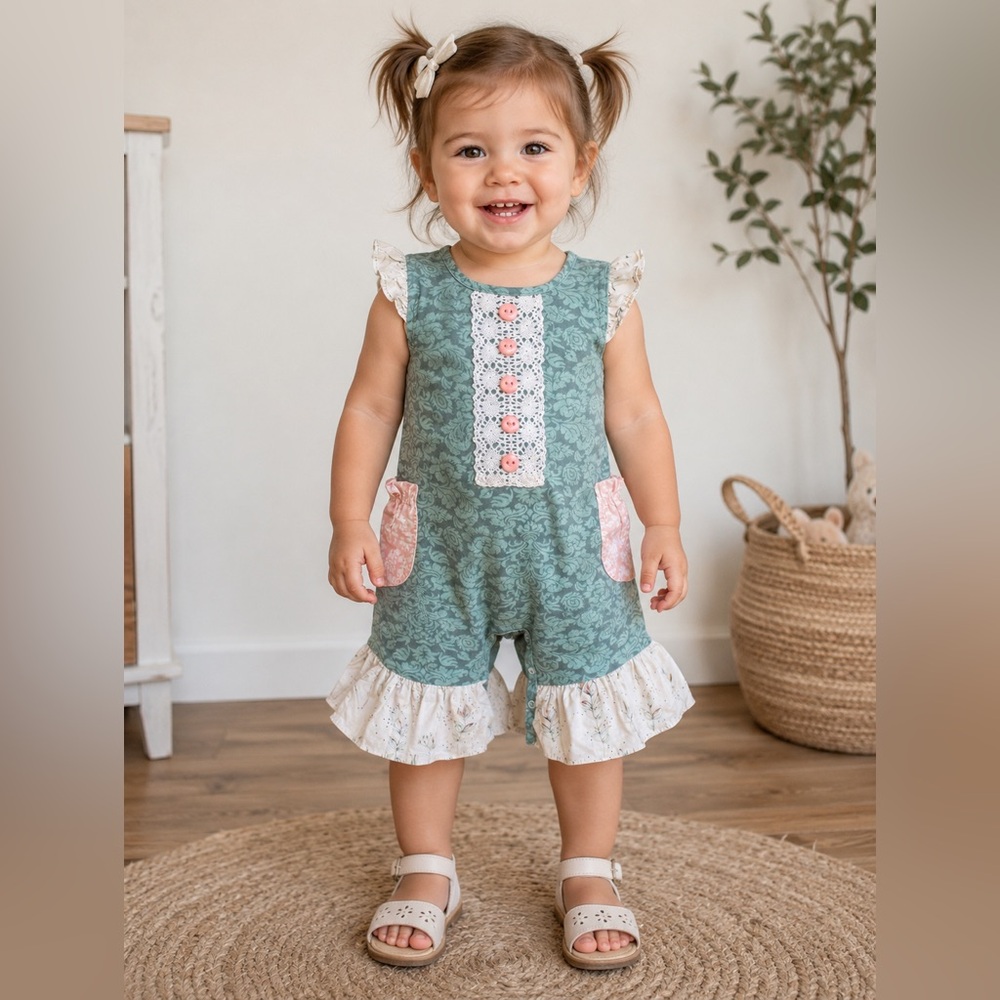 Ricrac & Ruffles |‎ Green Floral Girls Romper- 18 months